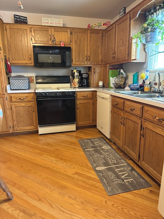 kitchen featuring light hardwood / wood-style floors, sink, and white appliances