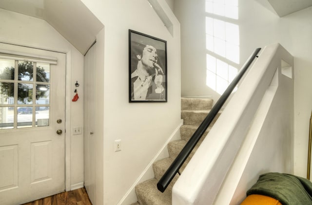 foyer entrance featuring vaulted ceiling, a wealth of natural light, and dark hardwood / wood-style flooring