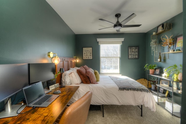 bedroom with ceiling fan and carpet