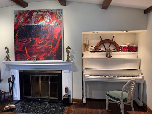 details with hardwood / wood-style floors and beamed ceiling