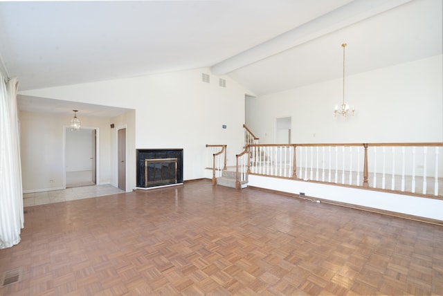 unfurnished living room featuring beam ceiling, a high end fireplace, high vaulted ceiling, a notable chandelier, and parquet flooring