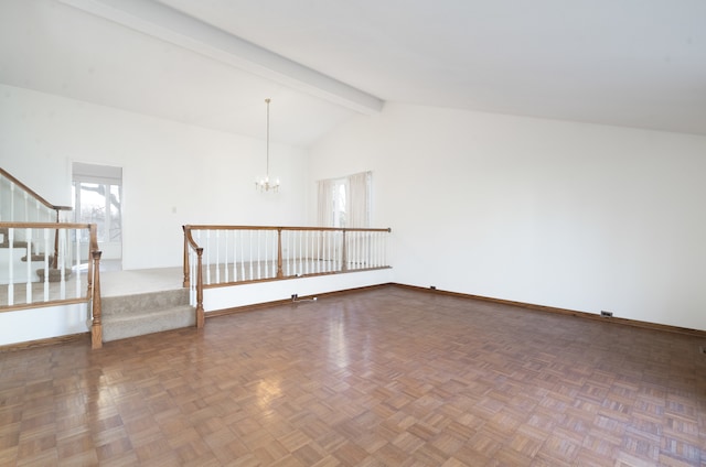 spare room featuring beamed ceiling, a notable chandelier, parquet floors, and high vaulted ceiling