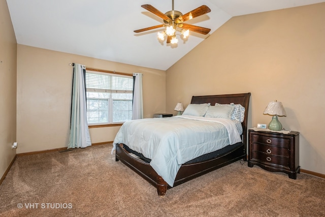 bedroom with carpet floors, ceiling fan, and lofted ceiling