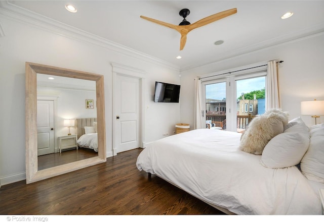 bedroom featuring crown molding, access to outside, ceiling fan, and dark hardwood / wood-style flooring