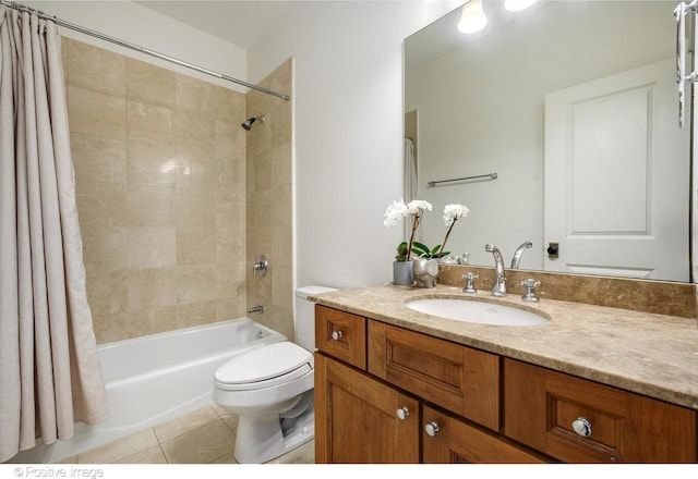 full bathroom with shower / tub combo, vanity, tile patterned floors, and toilet