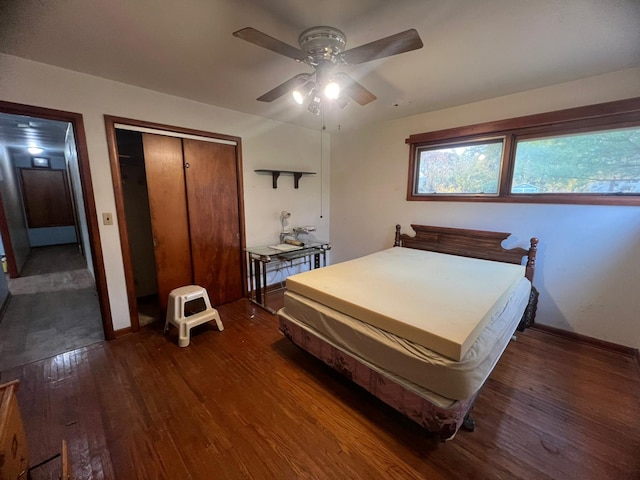 bedroom featuring dark hardwood / wood-style flooring, a closet, and ceiling fan