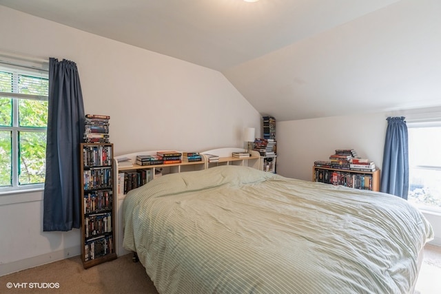 bedroom with carpet floors and lofted ceiling