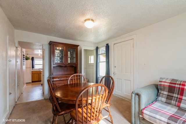 carpeted dining area featuring a textured ceiling and plenty of natural light