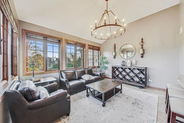 living room with a notable chandelier