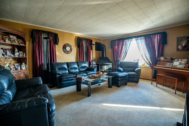 living room with wood walls, carpet, a wood stove, and ornamental molding