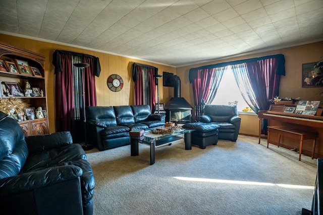 4140 E German Valley Rd, Freeport, IL 61032 - living room with carpet, a wood stove, crown molding, and wooden walls