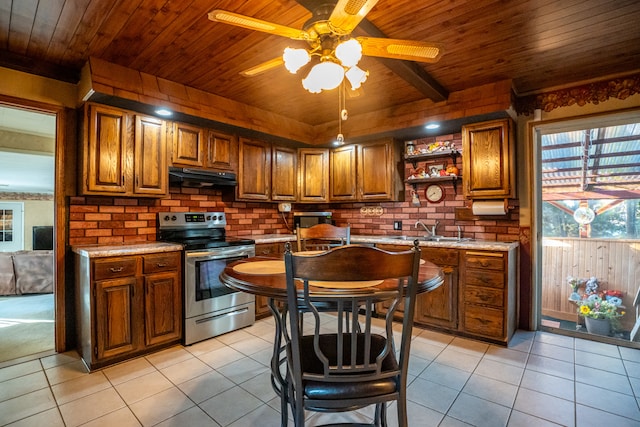 kitchen featuring light tile patterned floors, wood ceiling, sink, and electric range