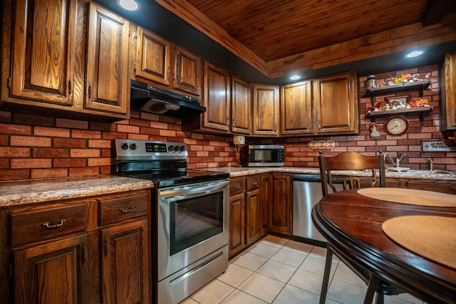 4140 E German Valley Rd, Freeport, IL 61032 - kitchen with appliances with stainless steel finishes, wood ceiling, under cabinet range hood, light tile patterned floors, and open shelves