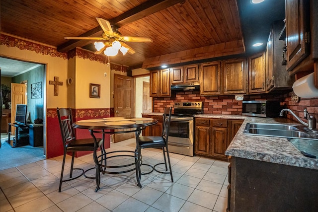 4140 E German Valley Rd, Freeport, IL 61032 - kitchen with appliances with stainless steel finishes, a sink, wooden ceiling, under cabinet range hood, and a ceiling fan