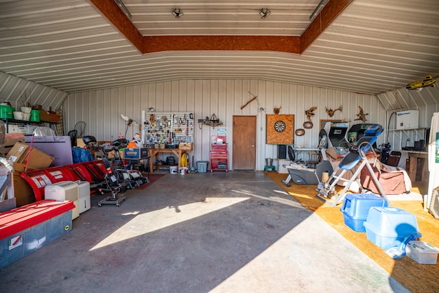 garage with a workshop area