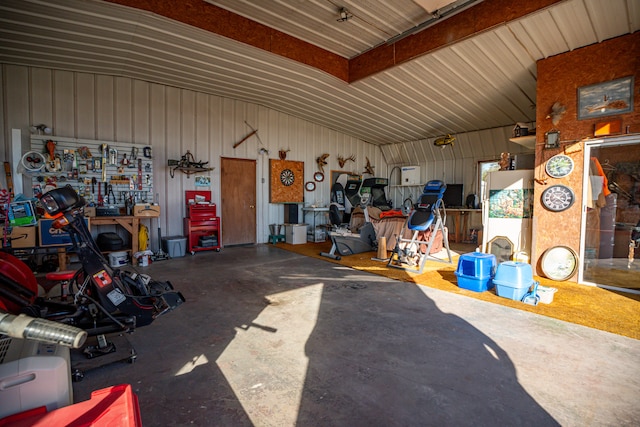 garage with a workshop area