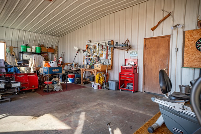 garage with a workshop area