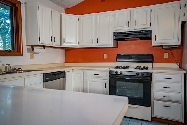 kitchen with stainless steel dishwasher, white cabinetry, white range with gas stovetop, and sink