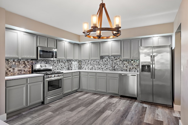 kitchen with pendant lighting, decorative backsplash, stainless steel appliances, and gray cabinetry