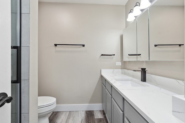 bathroom with hardwood / wood-style floors, vanity, and toilet