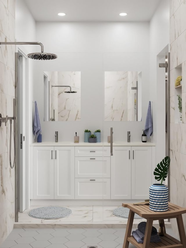 bathroom featuring vanity and walk in shower