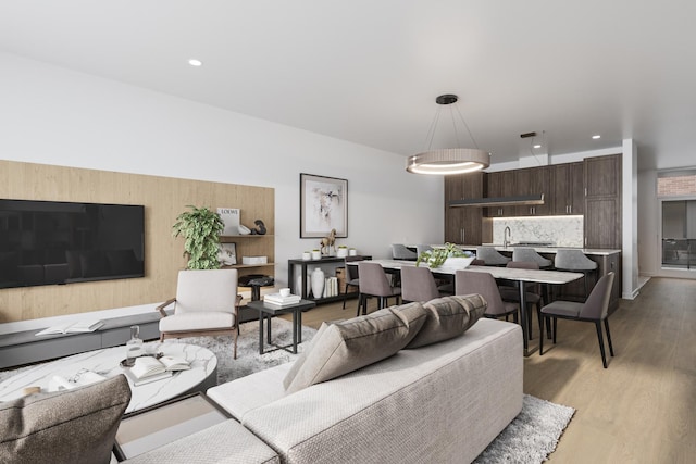 living room with light hardwood / wood-style floors and sink