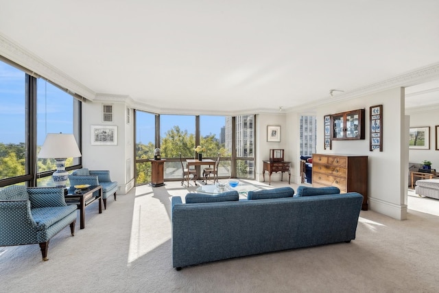 carpeted living room with ornamental molding, a wealth of natural light, and expansive windows