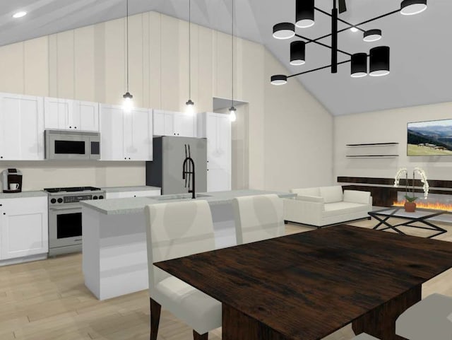 kitchen with light hardwood / wood-style floors, white cabinetry, stainless steel appliances, and an island with sink