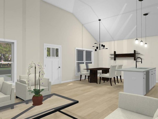 living room with sink, high vaulted ceiling, and light wood-type flooring