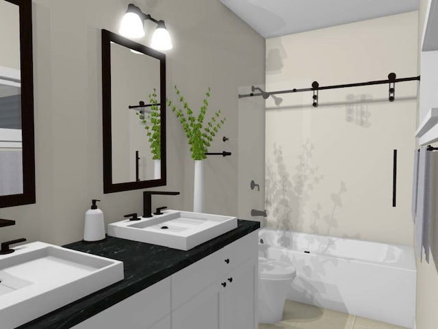 full bathroom with toilet, shower / bath combo with shower curtain, vanity, and tile patterned flooring