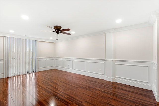 unfurnished room featuring crown molding, dark hardwood / wood-style flooring, and ceiling fan