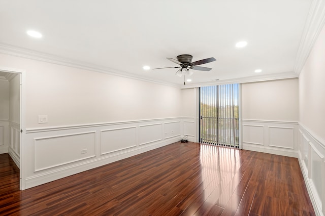 unfurnished room with ornamental molding, dark hardwood / wood-style floors, and ceiling fan