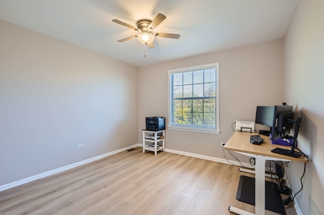 home office featuring light hardwood / wood-style floors and ceiling fan