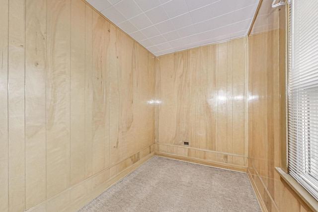 spare room featuring light colored carpet and wooden walls