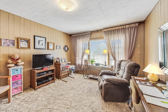 living area with wooden walls and carpet