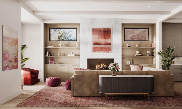 2118 N Clifton Ave, Chicago, IL 60614 - living area featuring a warm lit fireplace, built in shelves, recessed lighting, baseboards, and wood finished floors