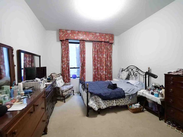 bedroom with light colored carpet