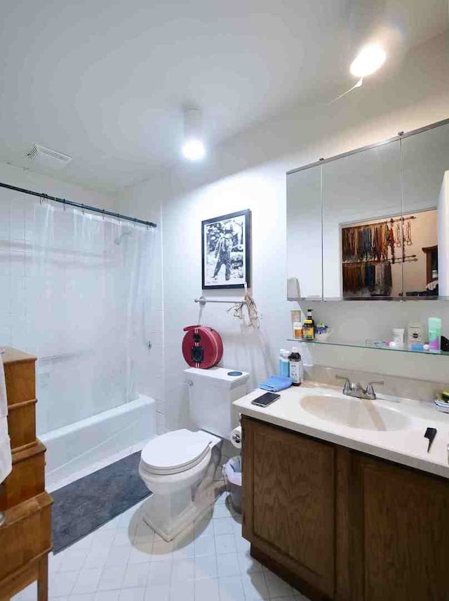 full bathroom with vanity, toilet, and shower / bathtub combination with curtain