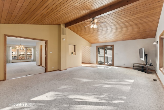 unfurnished living room with beam ceiling, high vaulted ceiling, carpet flooring, wooden ceiling, and ceiling fan with notable chandelier