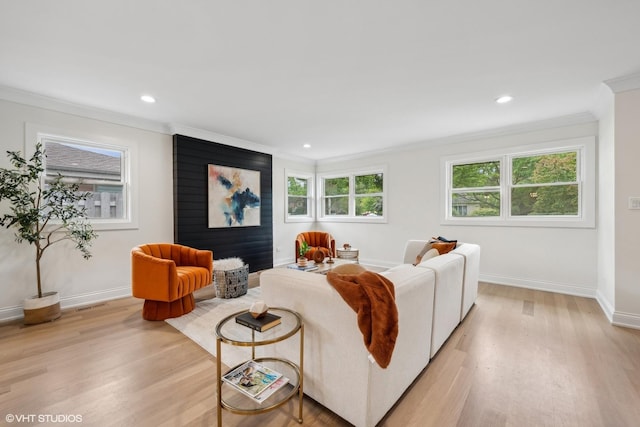 living room featuring ornamental molding and light hardwood / wood-style flooring