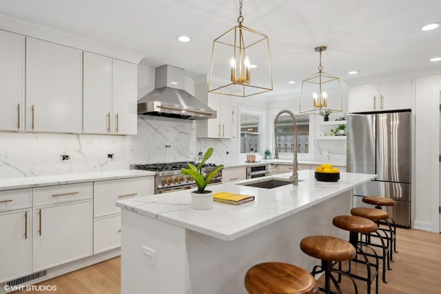 kitchen featuring pendant lighting, white cabinets, wall chimney range hood, an island with sink, and stainless steel appliances