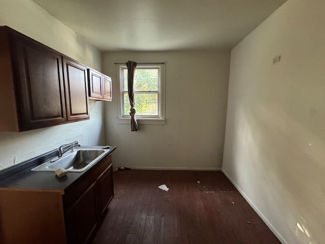 kitchen featuring sink, dark brown cabinets, and dark hardwood / wood-style floors