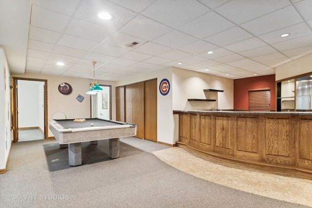 recreation room with light carpet, a drop ceiling, and pool table