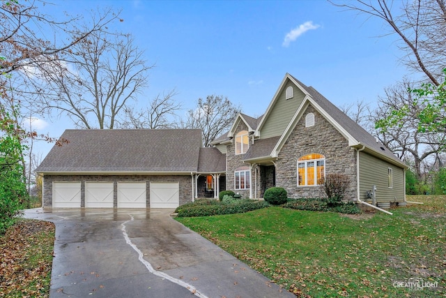 view of front of property featuring a front yard and a garage