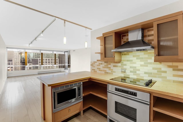 kitchen with stainless steel appliances, wall chimney range hood, kitchen peninsula, light hardwood / wood-style floors, and decorative light fixtures