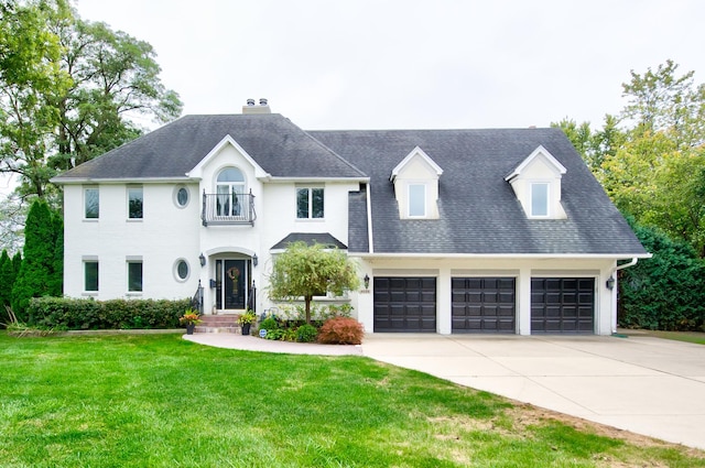 view of front of property with a balcony, a garage, and a front lawn