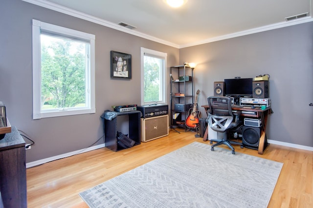 office area with wood-type flooring and crown molding