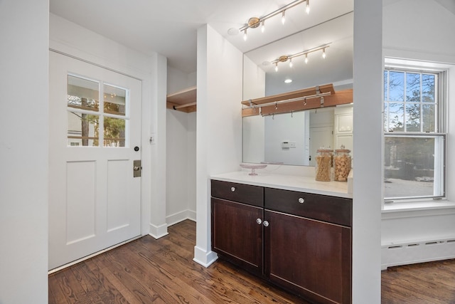 bathroom with vanity, wood-type flooring, a baseboard radiator, and a healthy amount of sunlight