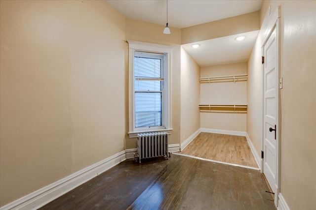 walk in closet featuring wood-type flooring and radiator