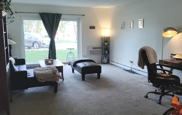 carpeted home office with a wall mounted air conditioner